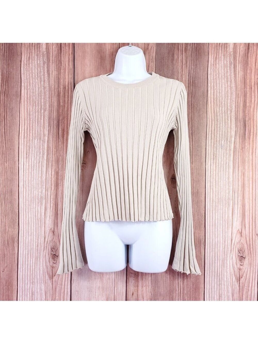 Dissh Womens Small Ada Stone Knit Beige Long Sleeve Ribbed Pullover Sweater Top